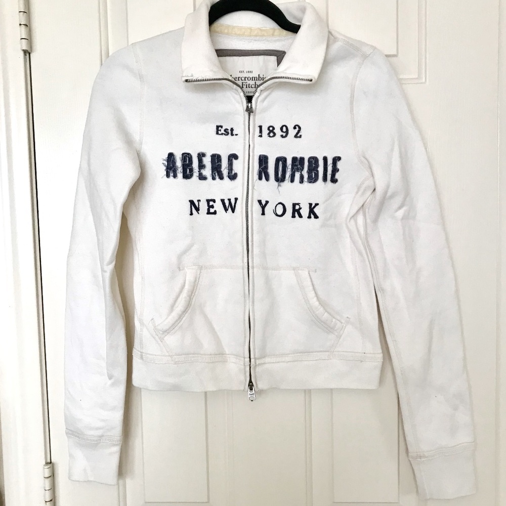 Abercrombie & Fitch Cream Zip Up Distressed Short Sweatshirt Jacket Size M